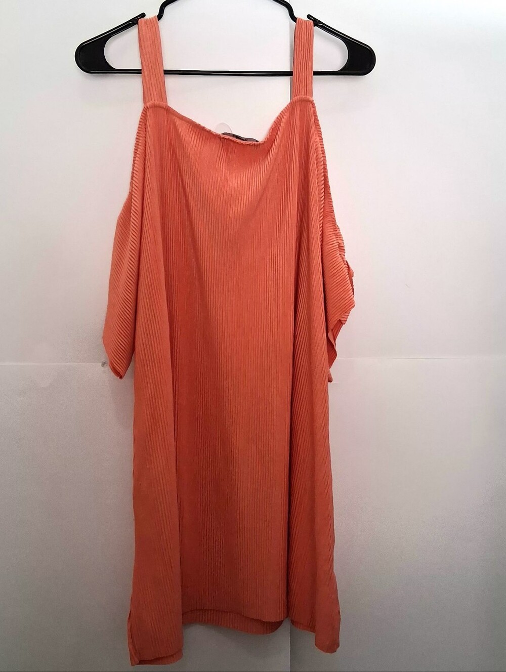 MANGO Coral Orange Ruffle Cold-Shoulder Mini Dress Size 4 Fit MEDIUM - Picture 2 of 7